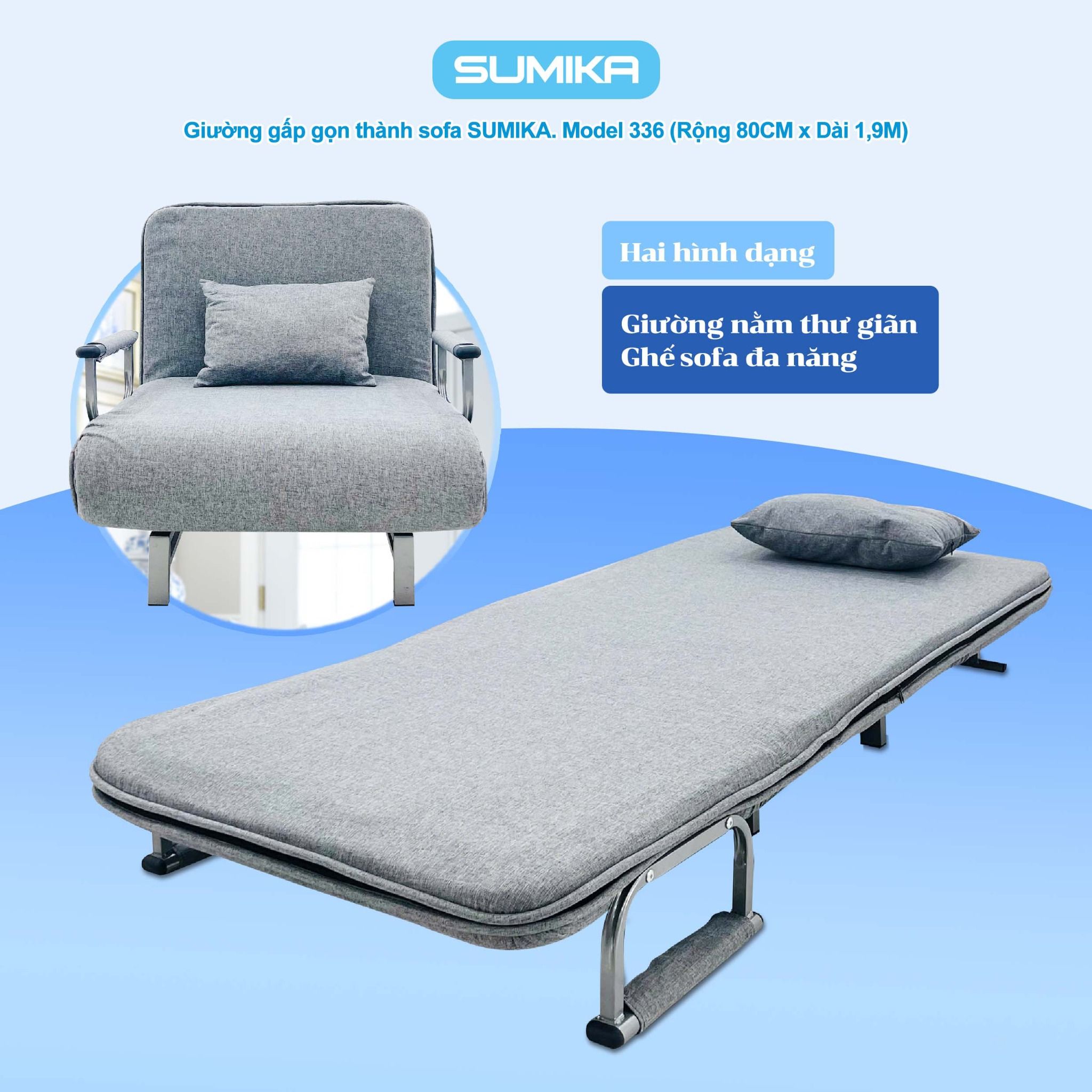 Ghế Sofa giường thông minh gấp gọn SUMIKA 336, rộng 80cm