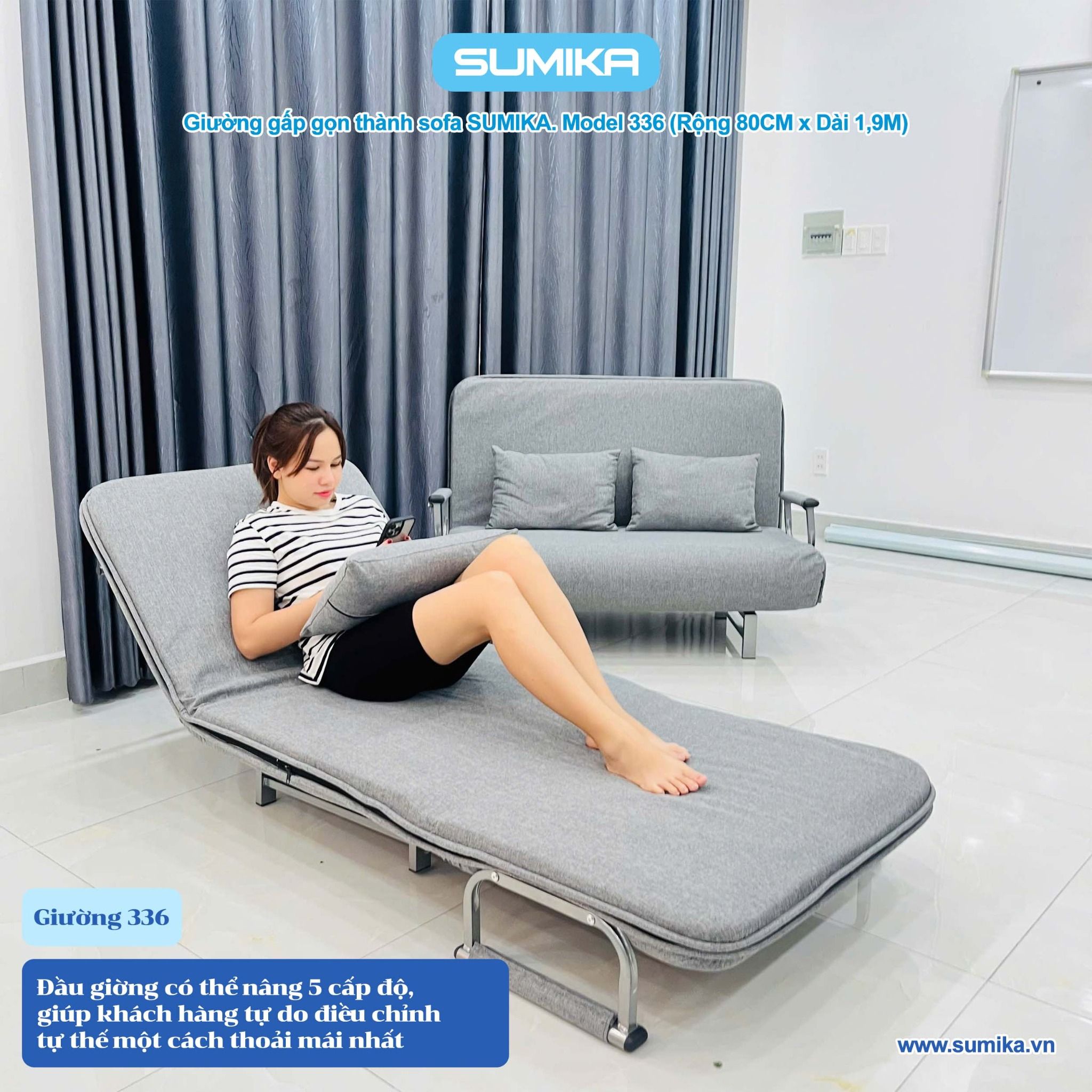 Ghế Sofa giường thông minh gấp gọn SUMIKA 336, rộng 80cm