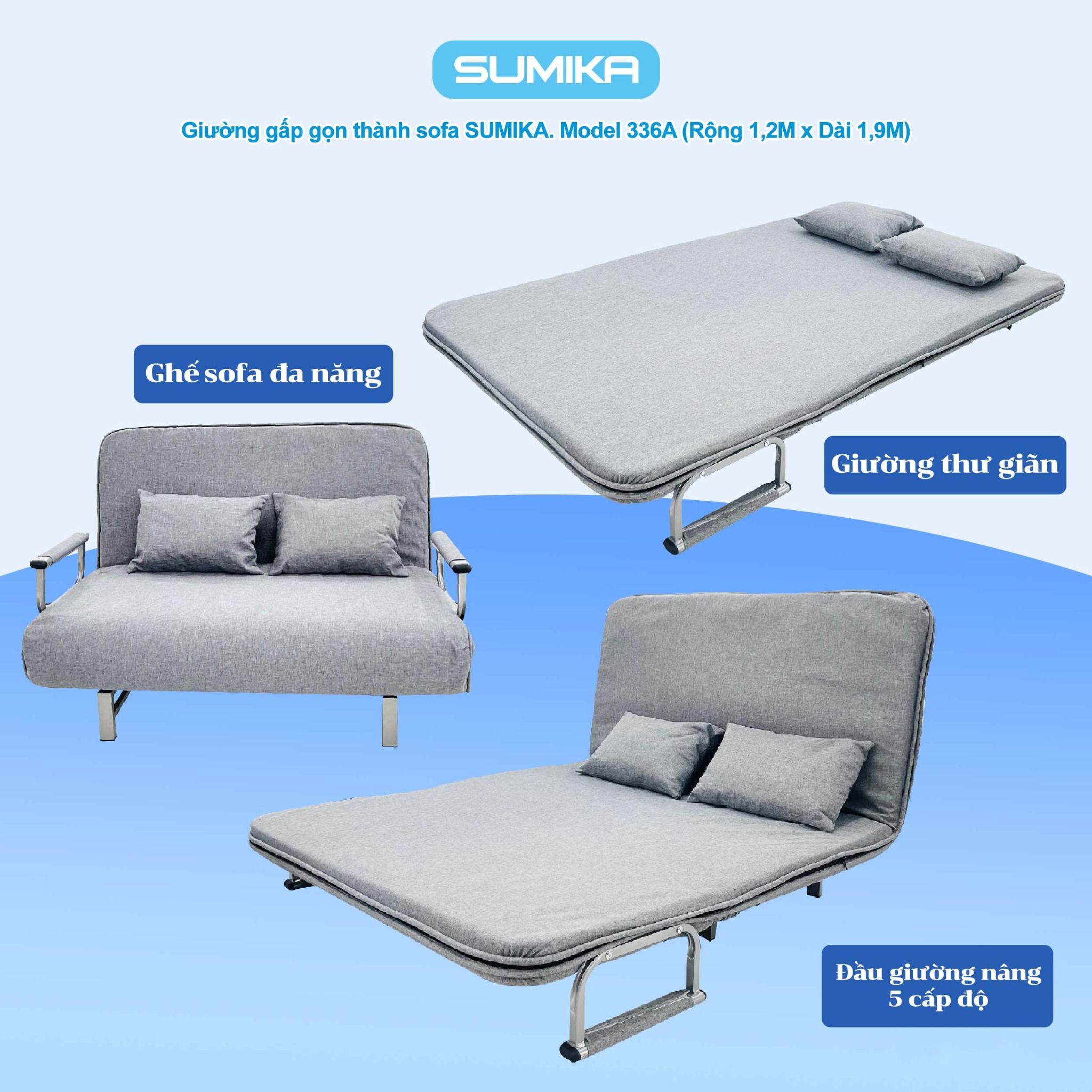 Ghế Sofa giường thông minh gấp gọn SUMIKA 336A, rộng 120cm