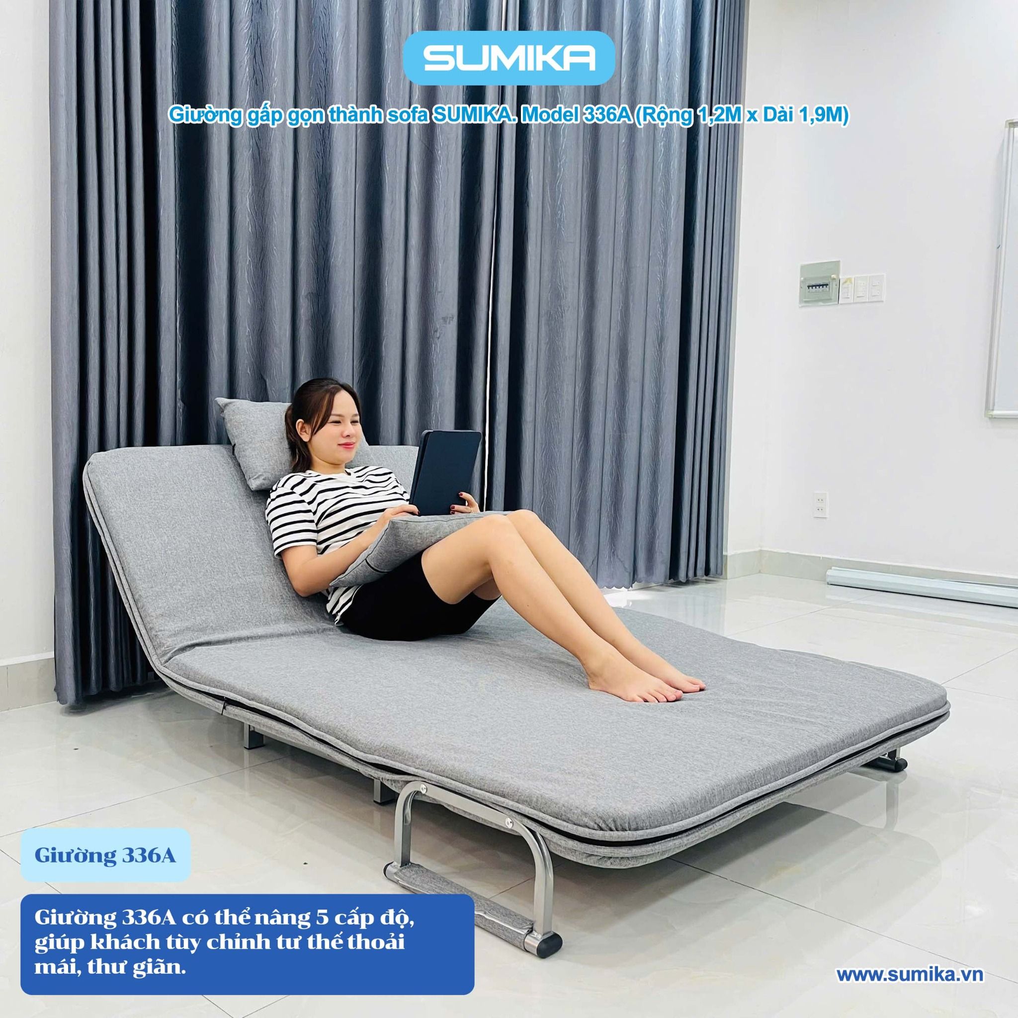 Ghế Sofa giường thông minh gấp gọn SUMIKA 336A, rộng 120cm