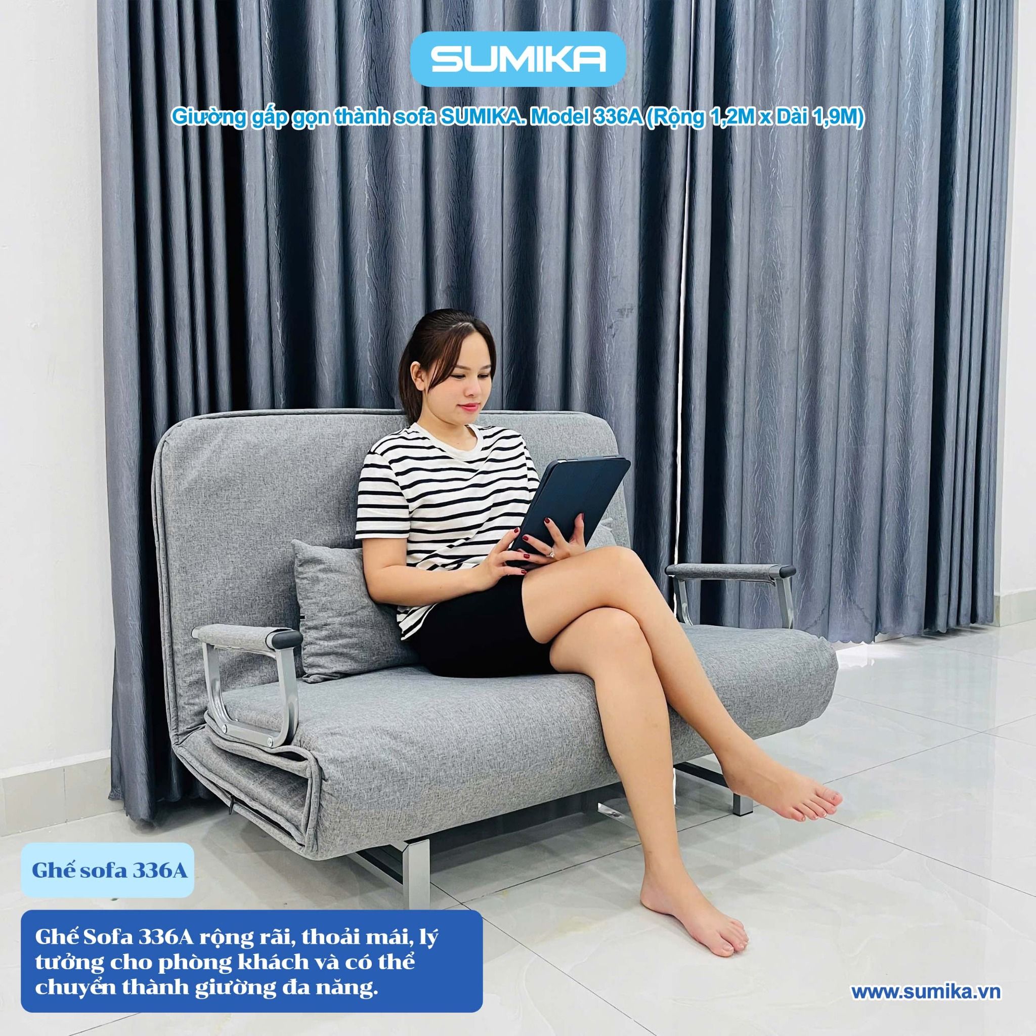 Ghế Sofa giường thông minh gấp gọn SUMIKA 336A, rộng 120cm