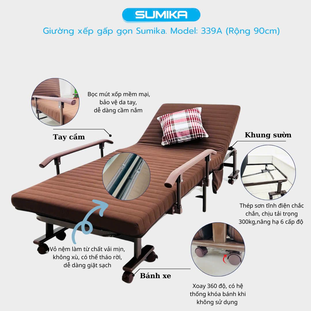 Giường nệm xếp gọn SUMIKA 339A, chiều rộng 90cm