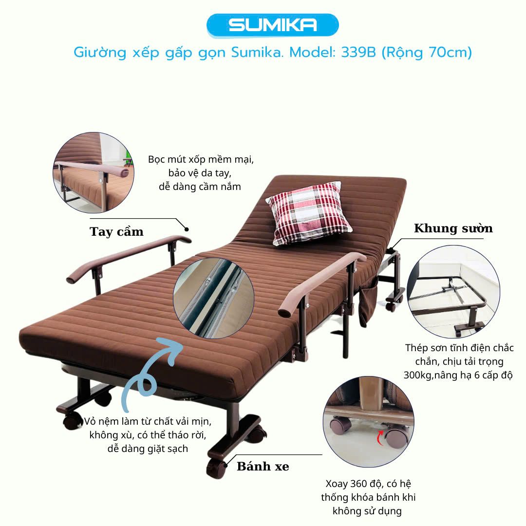 Giường nệm xếp gọn SUMIKA 339B, chiều rộng 70cm