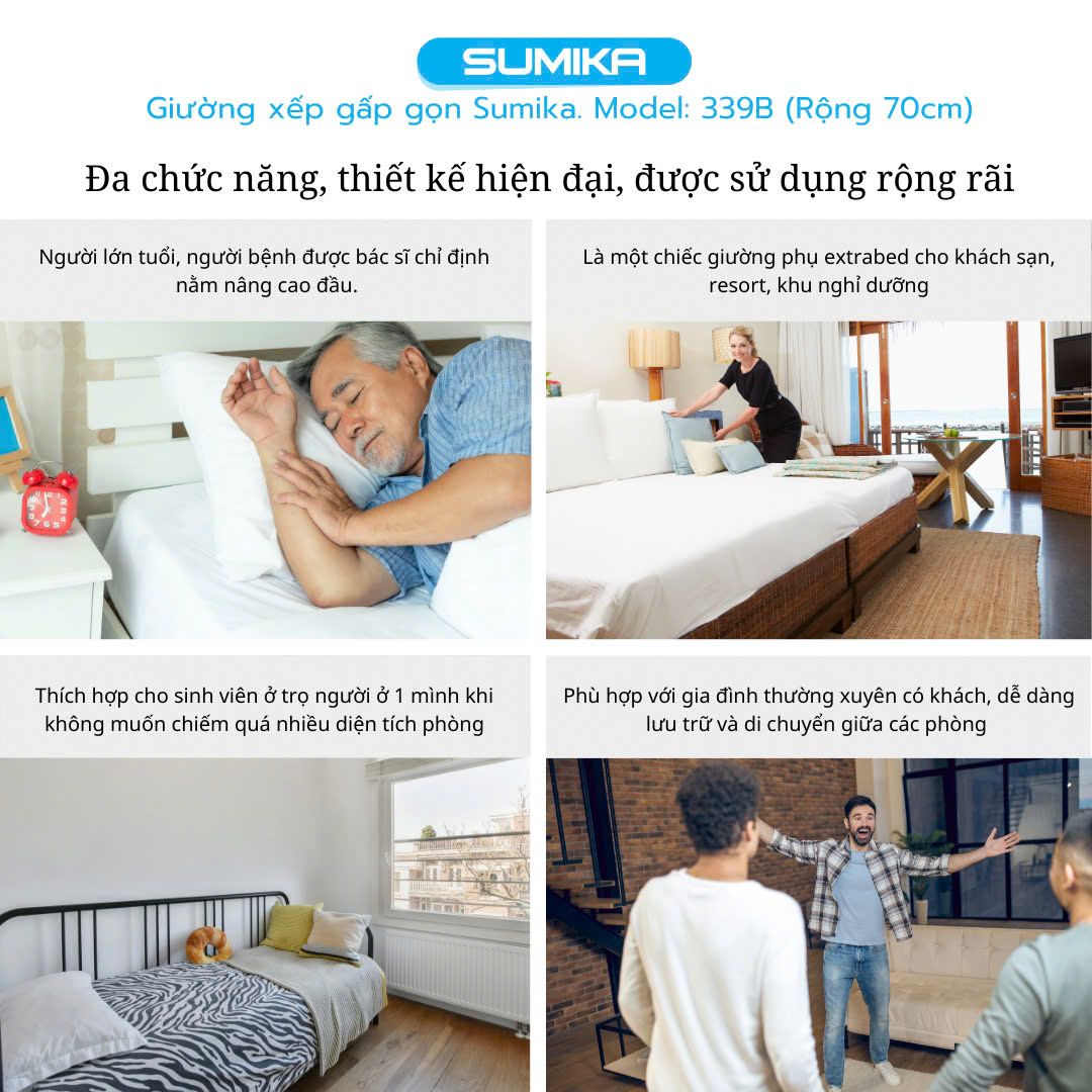 Giường nệm xếp gọn SUMIKA 339B, chiều rộng 70cm