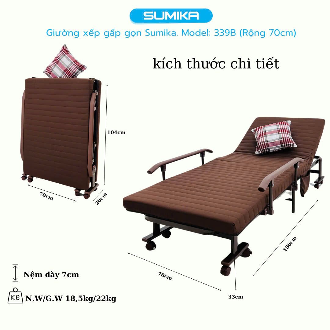Giường nệm xếp gọn SUMIKA 339B, chiều rộng 70cm
