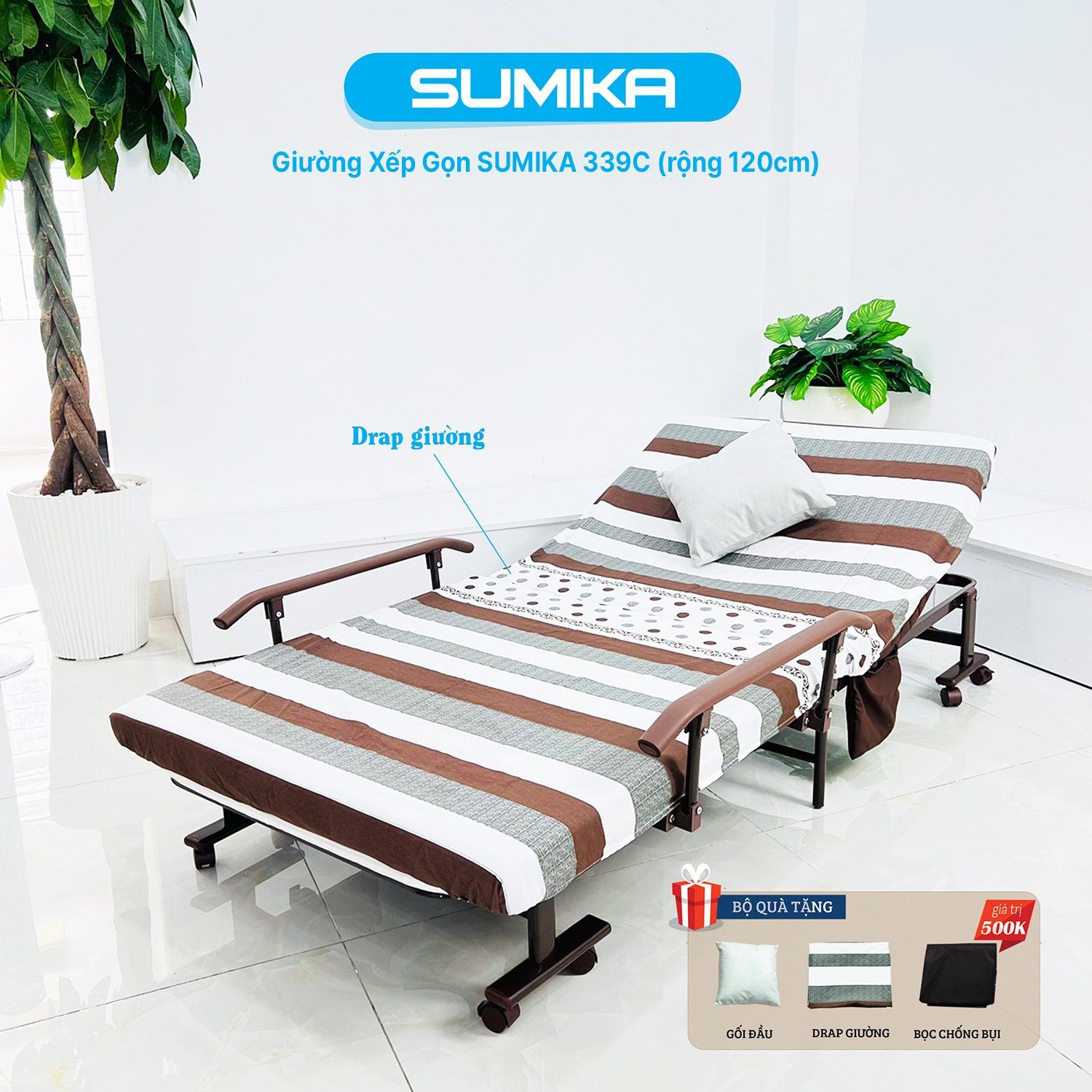 Giường nệm xếp gọn SUMIKA 339C, chiều rộng 120cm