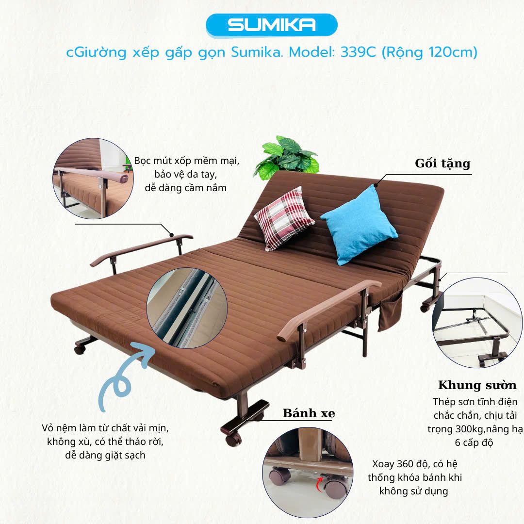 Giường nệm xếp gọn SUMIKA 339C, chiều rộng 120cm