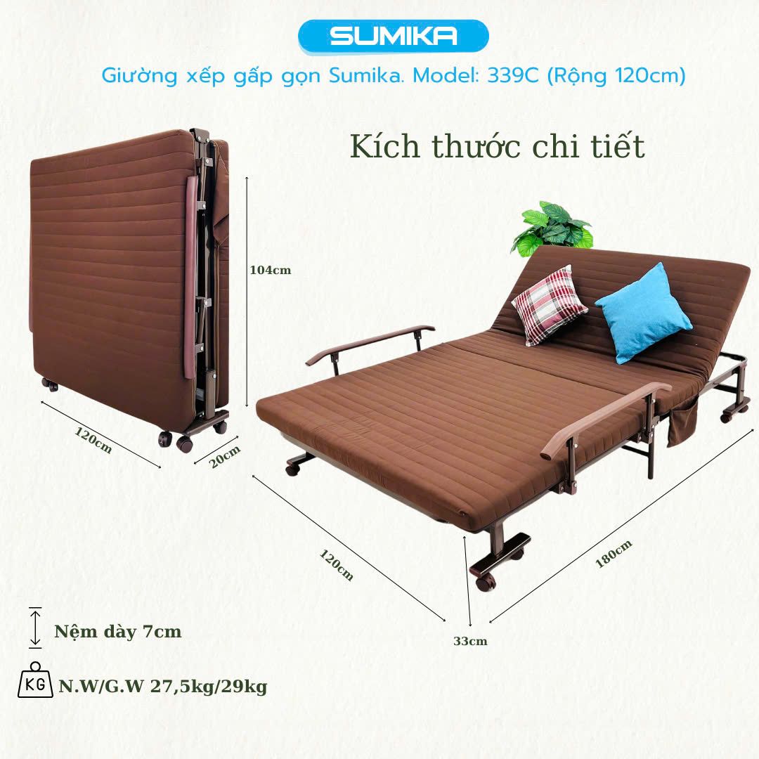 Giường nệm xếp gọn SUMIKA 339C, chiều rộng 120cm