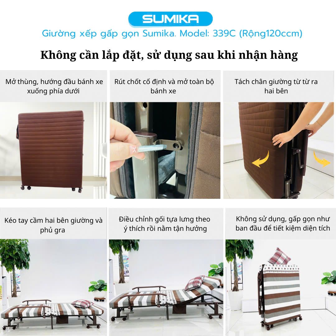 Giường nệm xếp gọn SUMIKA 339C, chiều rộng 120cm