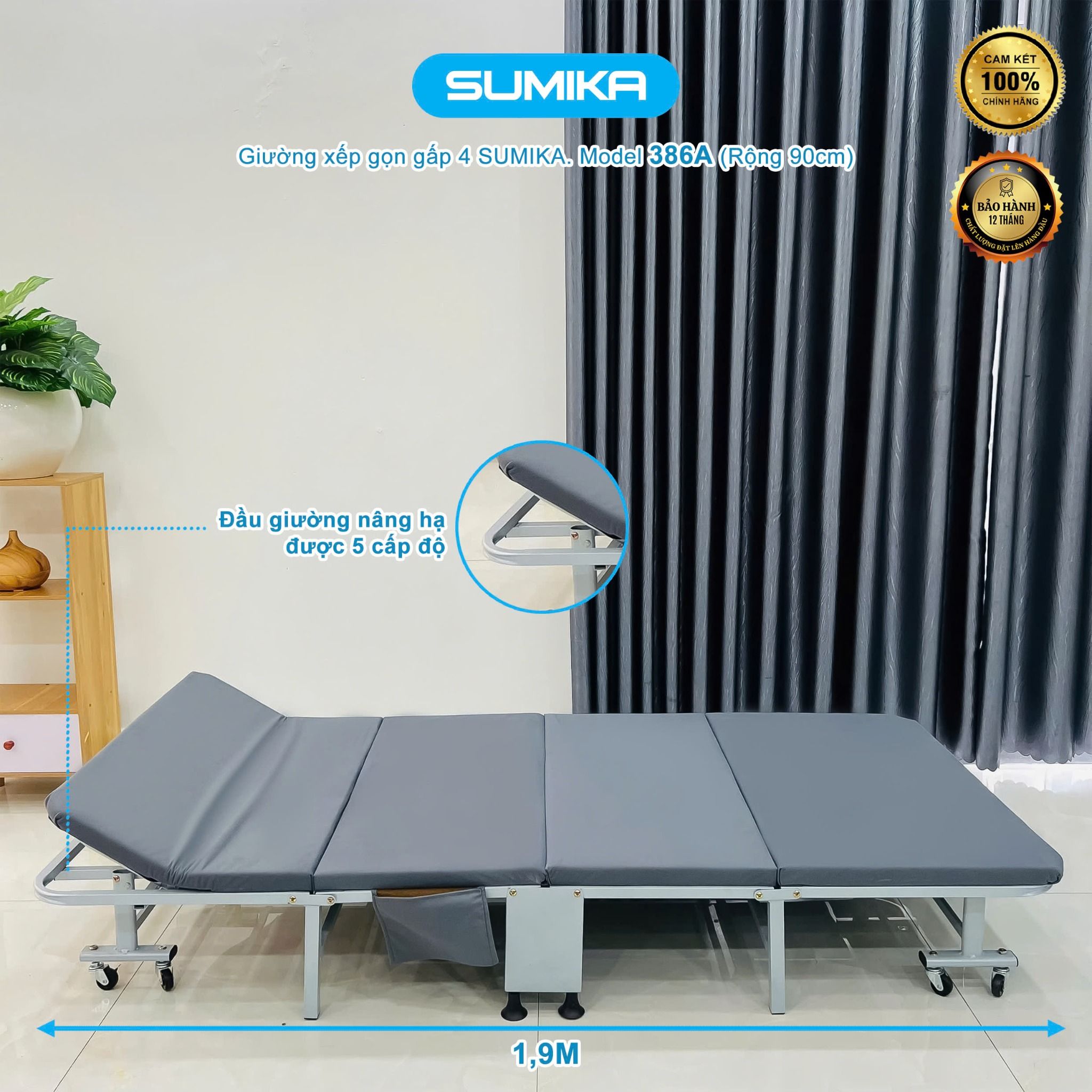 Giường xếp gấp gọn di động SUMIKA 386A, rộng 90cm