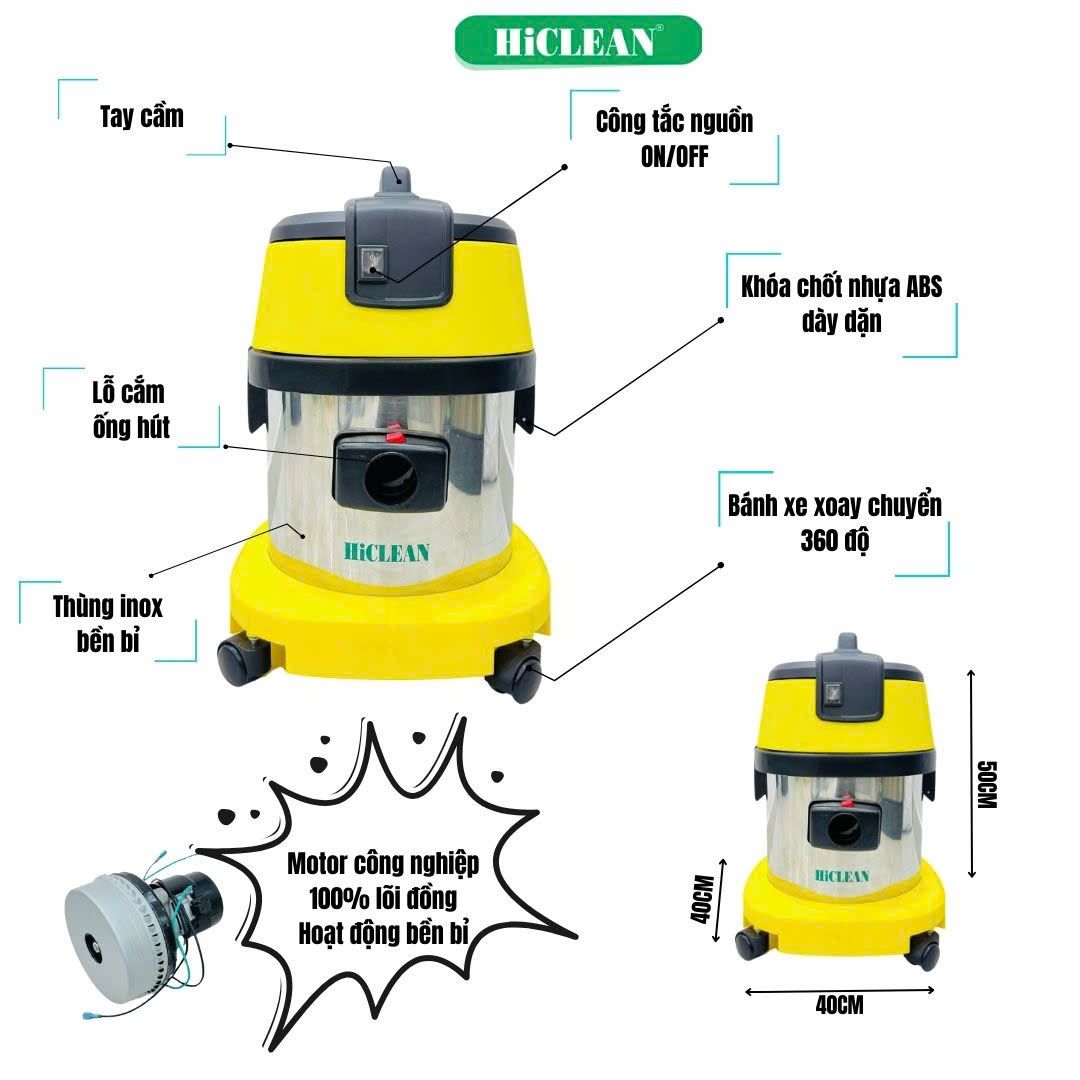 Máy hút bụi công nghiệp HiClean HC15A, công suất 1500W