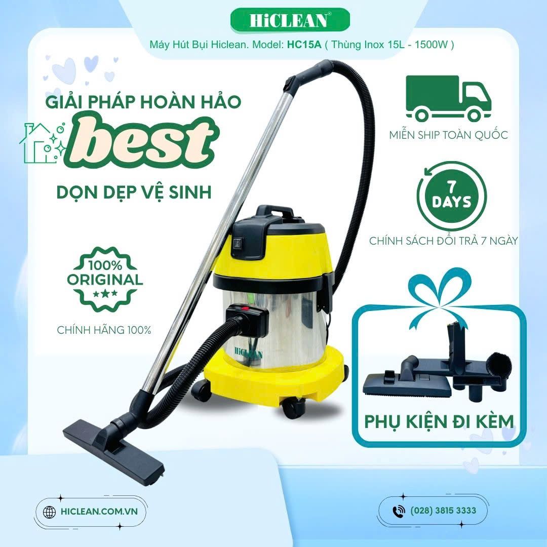 Máy hút bụi công nghiệp HiClean HC15A, công suất 1500W