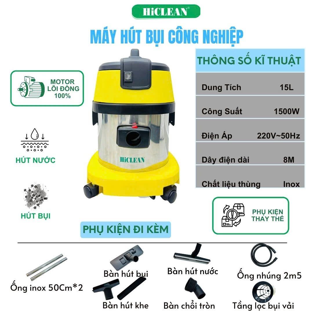 Máy hút bụi công nghiệp HiClean HC15A, công suất 1500W