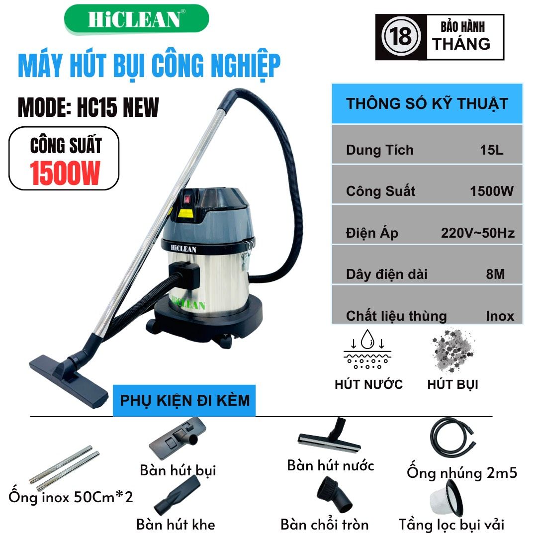 Máy hút bụi công nghiệp HiClean HC15NEW, công suất 1500W