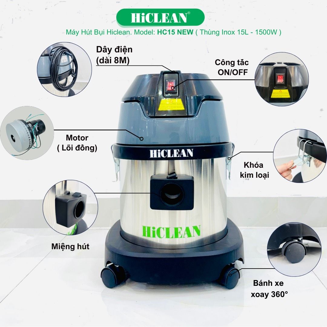 Máy hút bụi công nghiệp HiClean HC15NEW, công suất 1500W