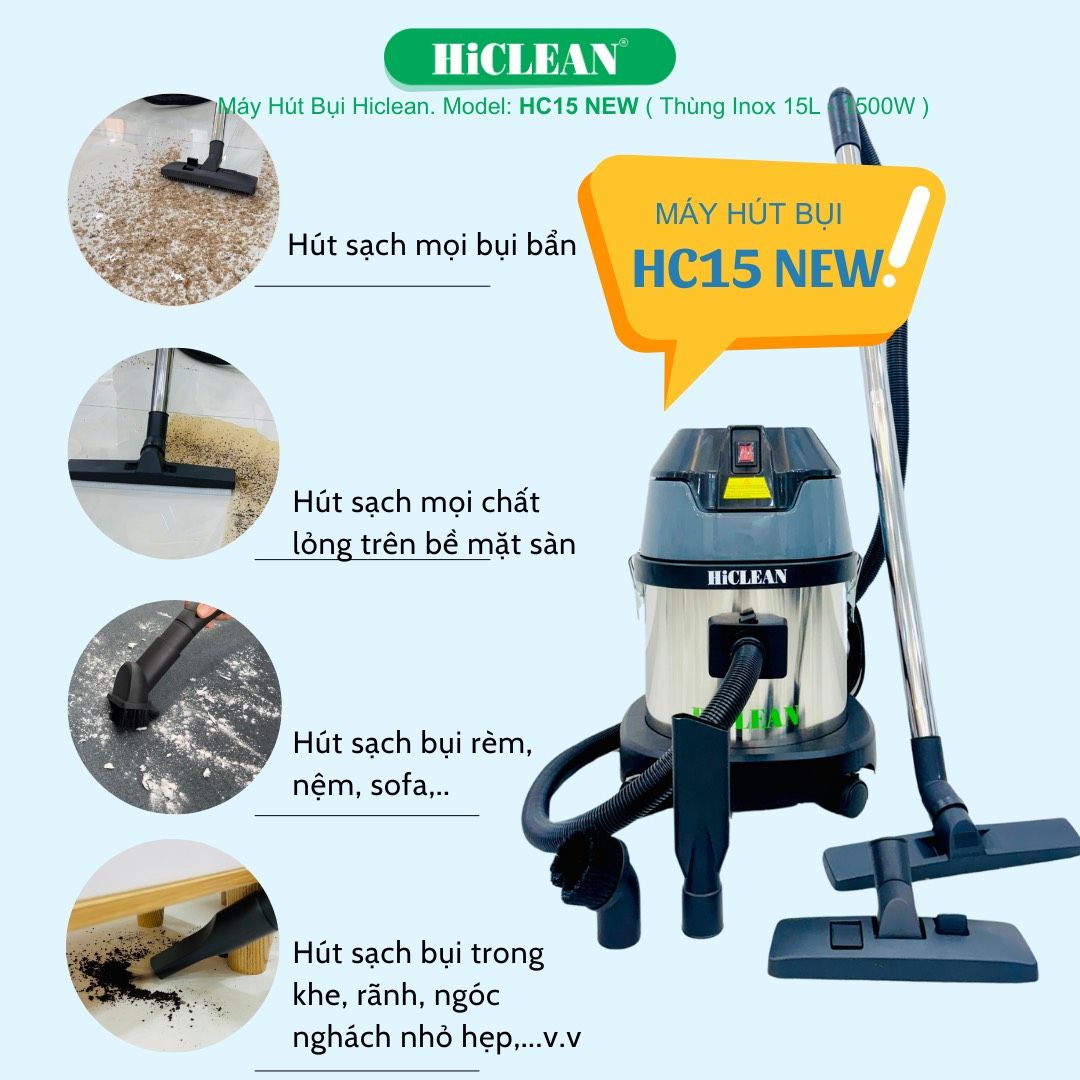Máy hút bụi công nghiệp HiClean HC15NEW, công suất 1500W