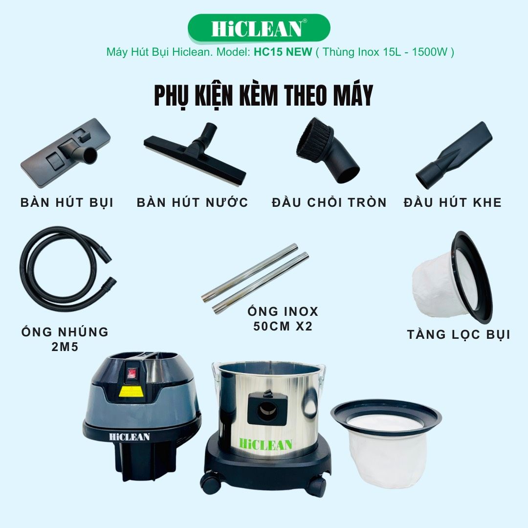 Máy hút bụi công nghiệp HiClean HC15NEW, công suất 1500W