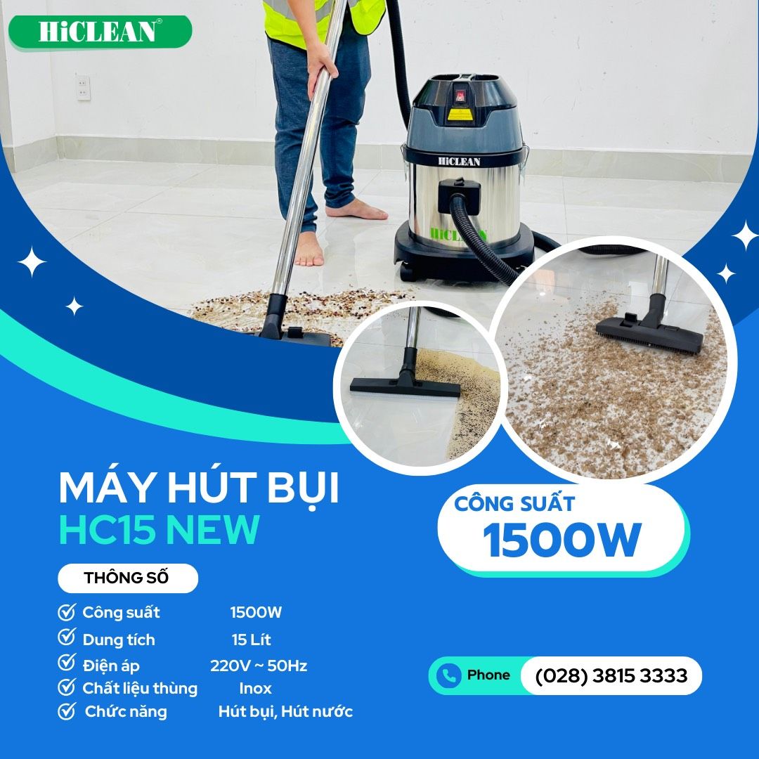 Máy hút bụi công nghiệp HiClean HC15NEW, công suất 1500W