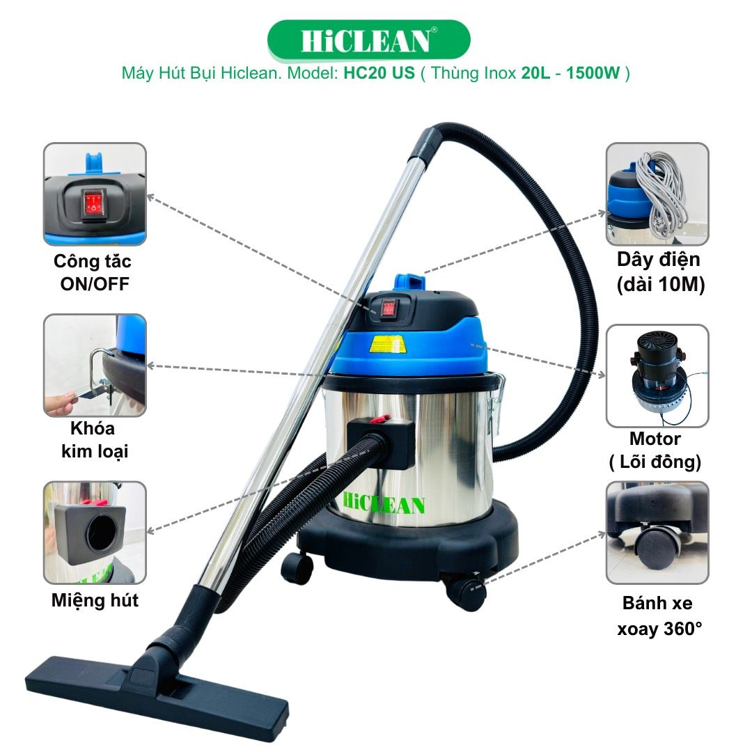 Máy hút bụi công nghiệp HiClean HC20/US, công suất 1500W