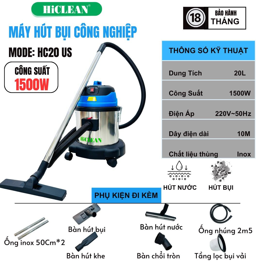 Máy hút bụi công nghiệp HiClean HC20/US, công suất 1500W