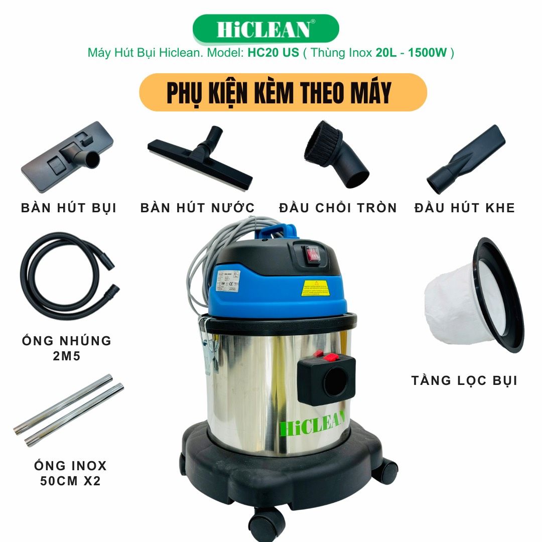 Máy hút bụi công nghiệp HiClean HC20/US, công suất 1500W