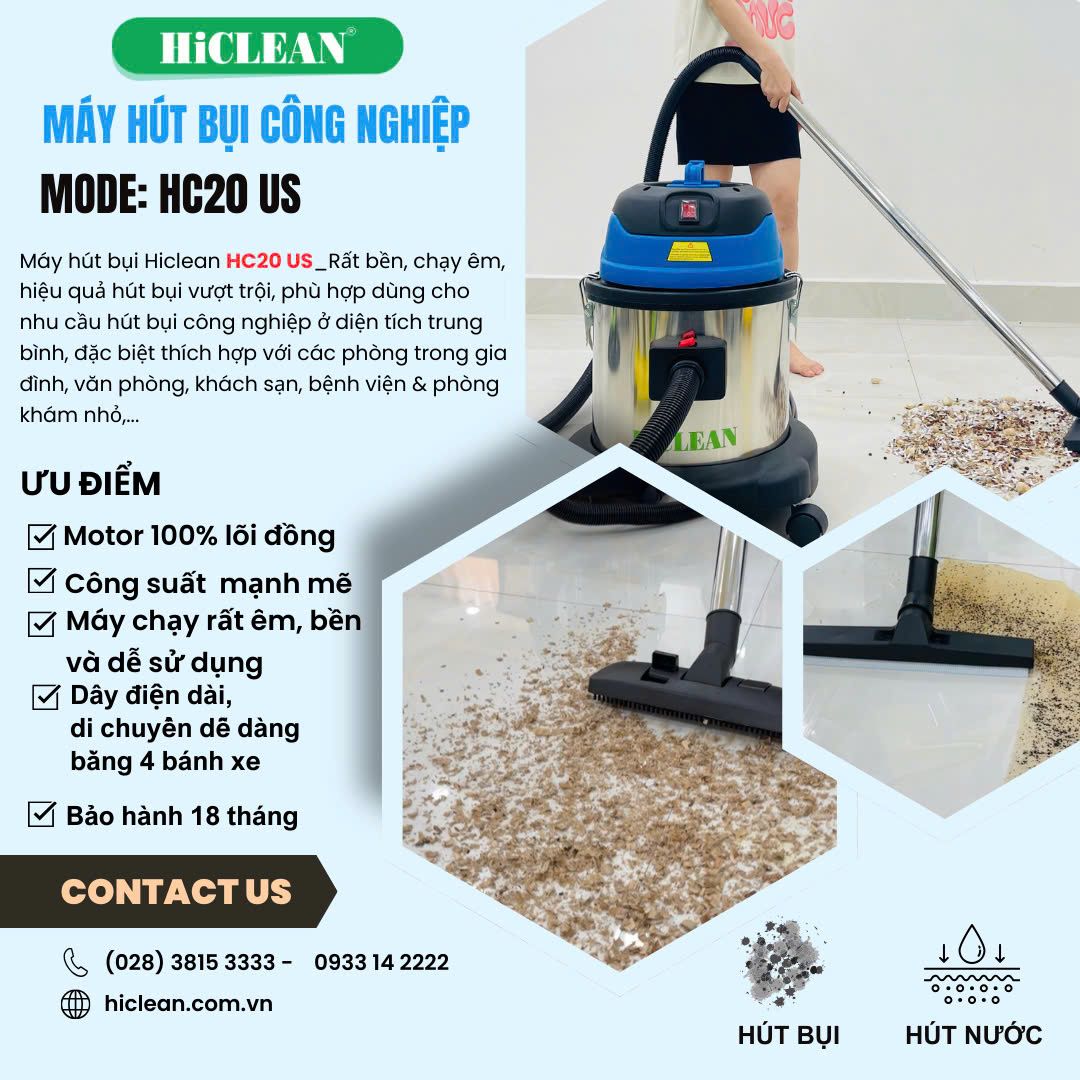 Máy hút bụi công nghiệp HiClean HC20/US, công suất 1500W