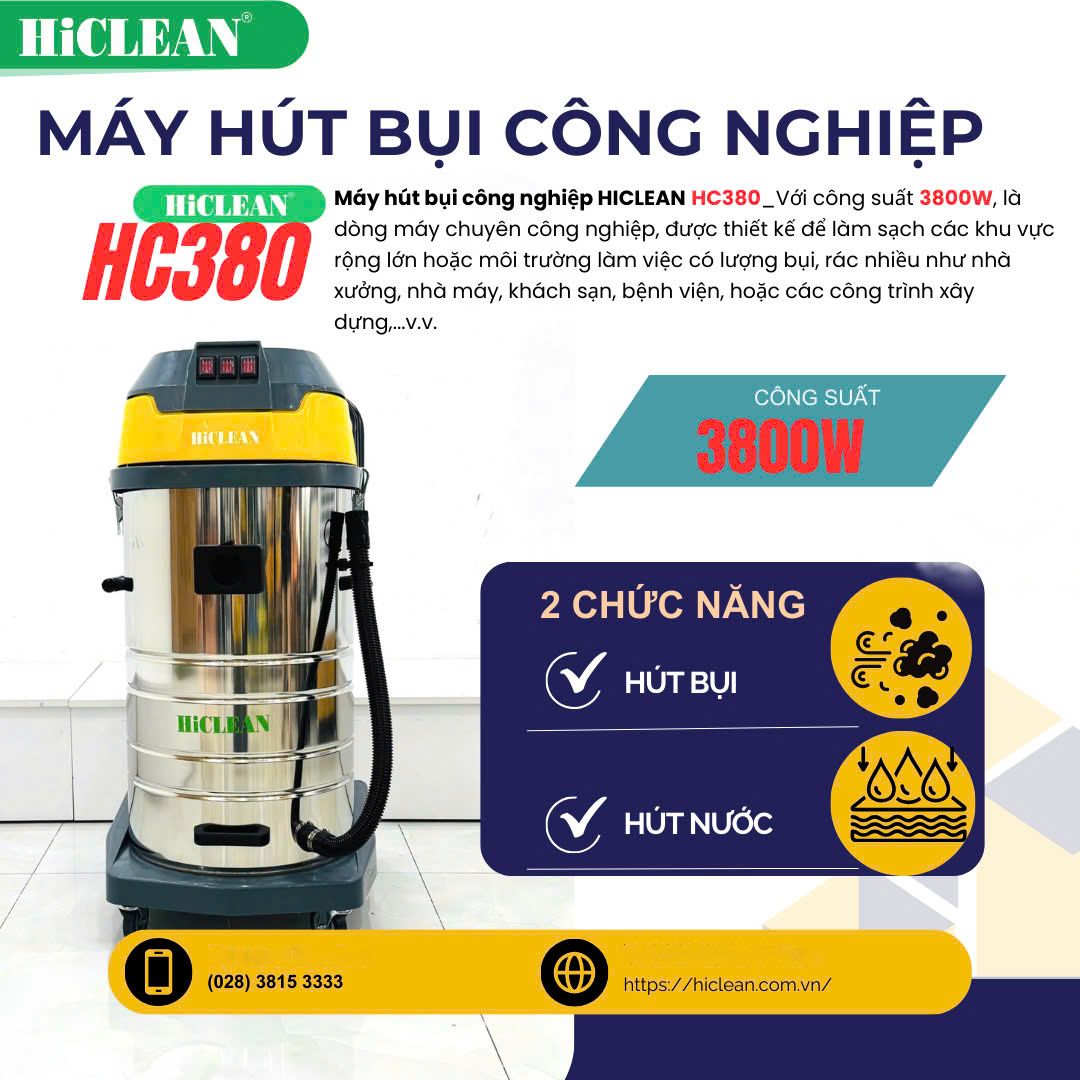 Máy hút bụi công nghiệp HiClean HC380, công suất 3800W