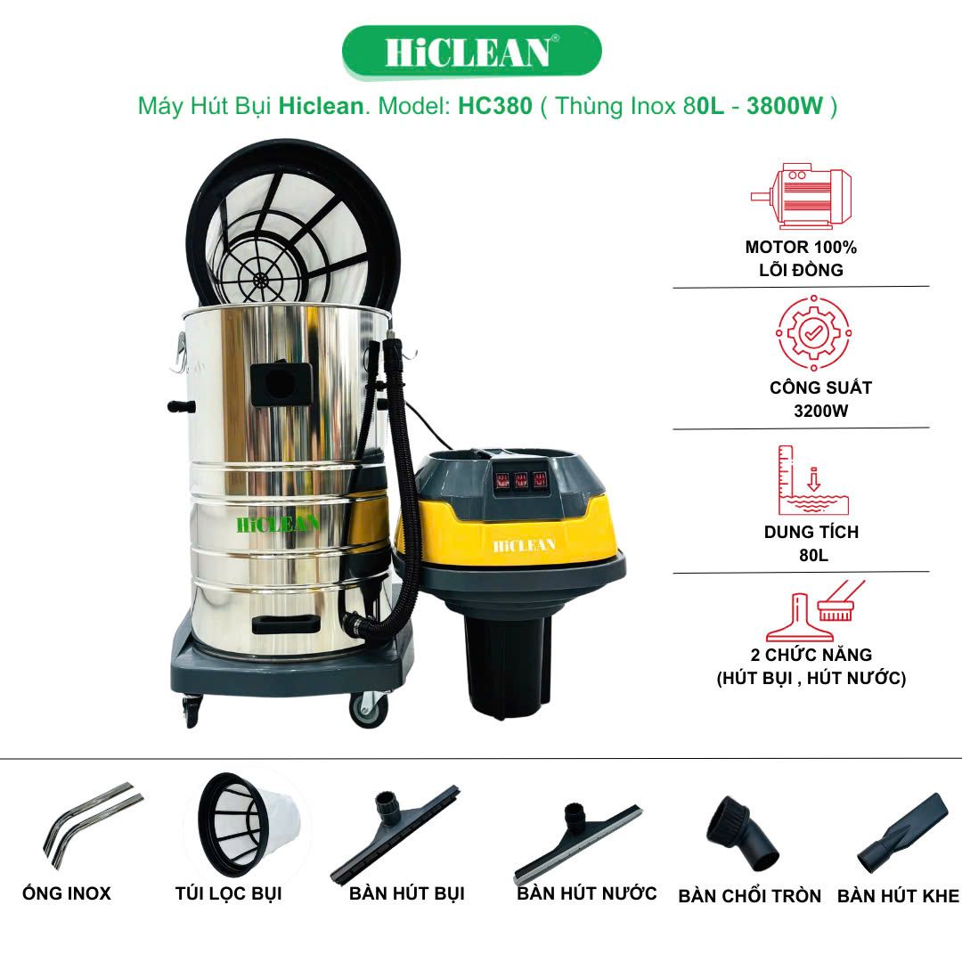 Máy hút bụi công nghiệp HiClean HC380, công suất 3800W