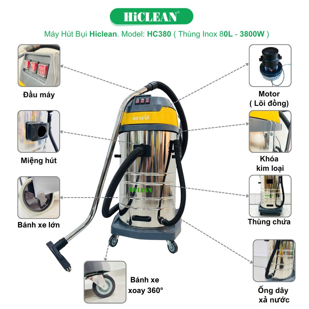 Máy hút bụi công nghiệp HiClean HC380, công suất 3800W