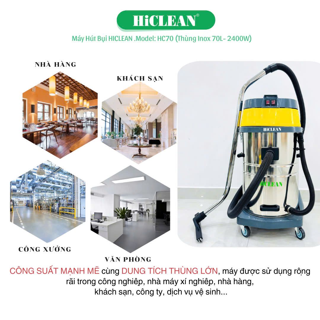 Máy hút bụi công nghiệp HiClean HC70, công suất 2400W