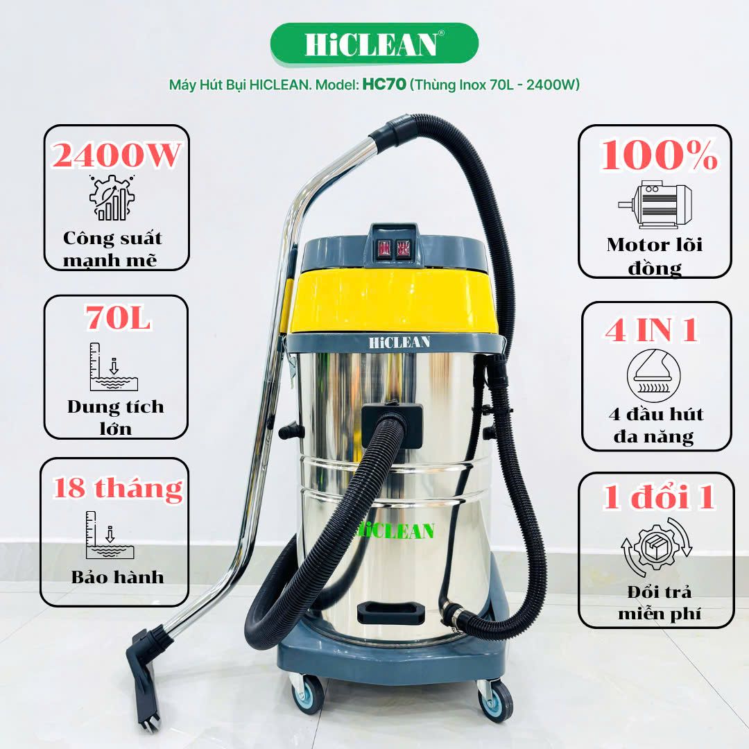 Máy hút bụi công nghiệp HiClean HC70, công suất 2400W