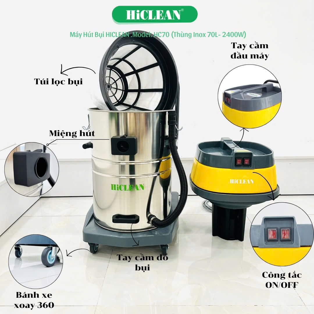 Máy hút bụi công nghiệp HiClean HC70, công suất 2400W