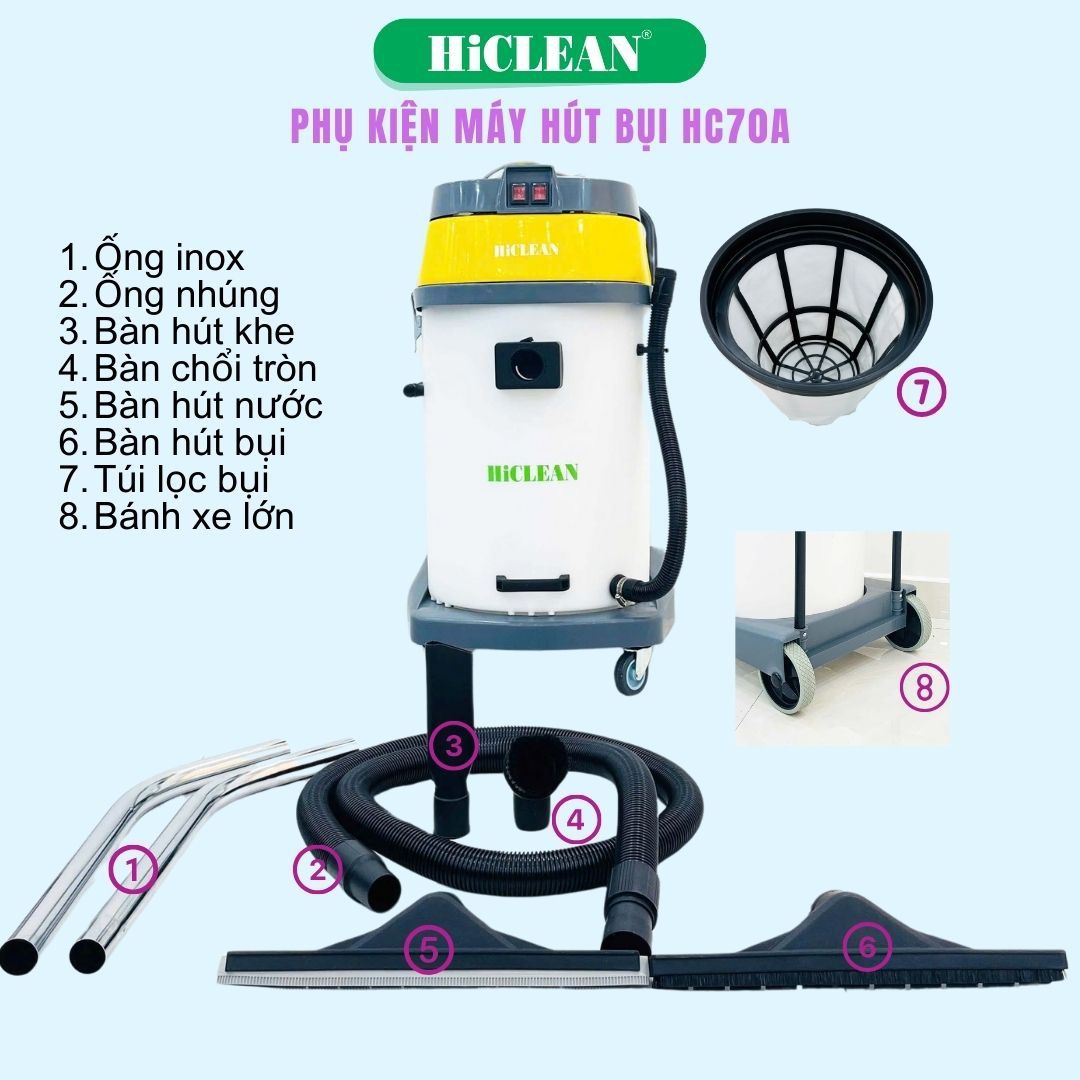 Máy hút bụi công nghiệp HiClean HC70A, công suất 2400W