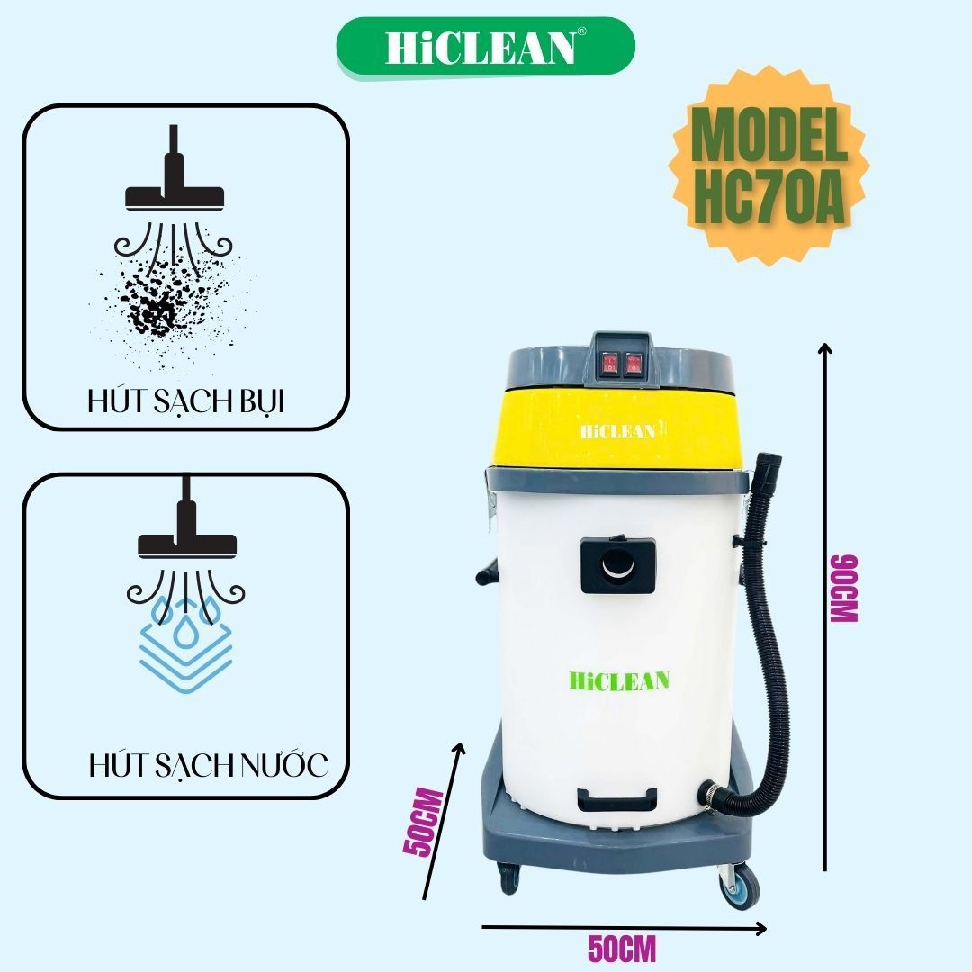 Máy hút bụi công nghiệp HiClean HC70A, công suất 2400W