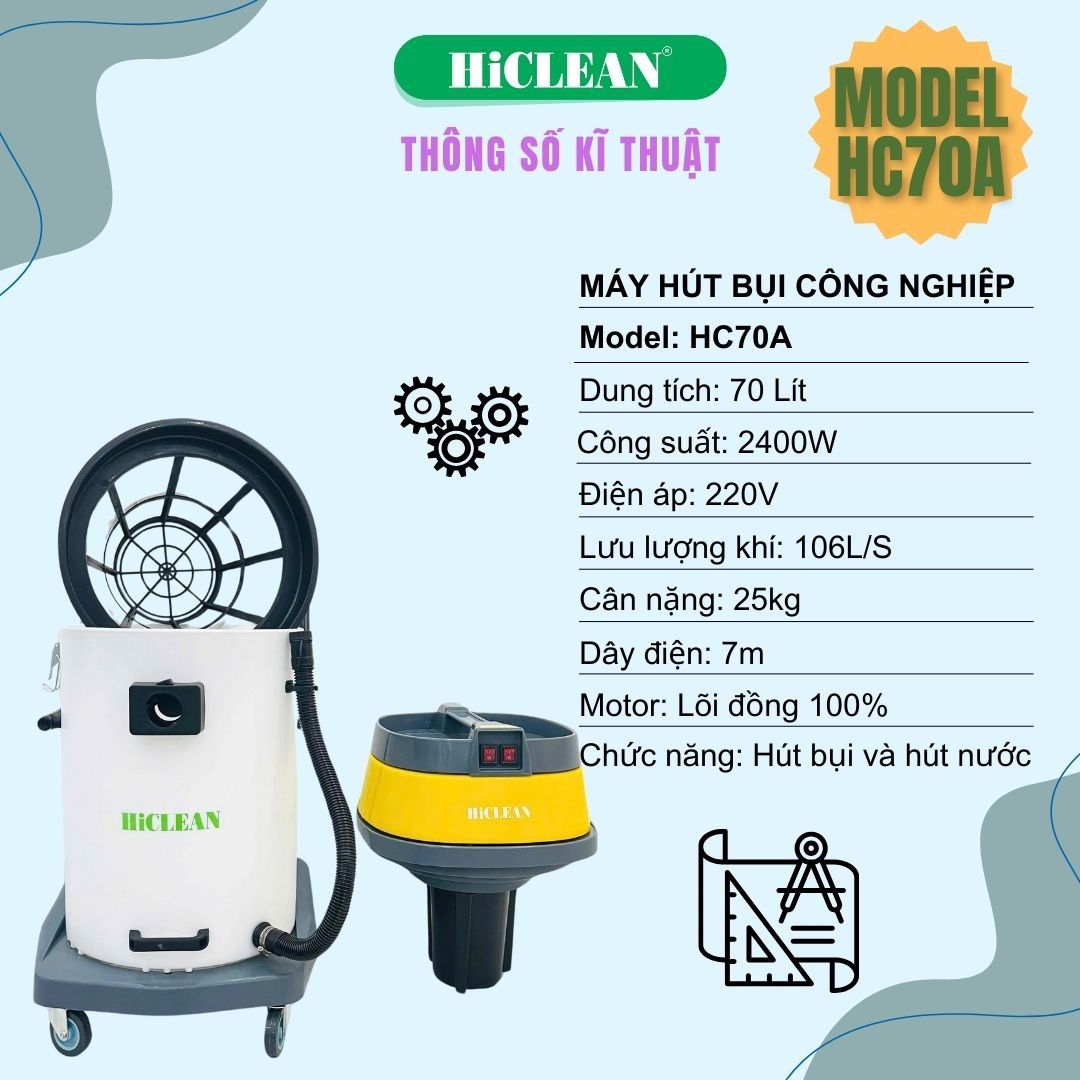 Máy hút bụi công nghiệp HiClean HC70A, công suất 2400W