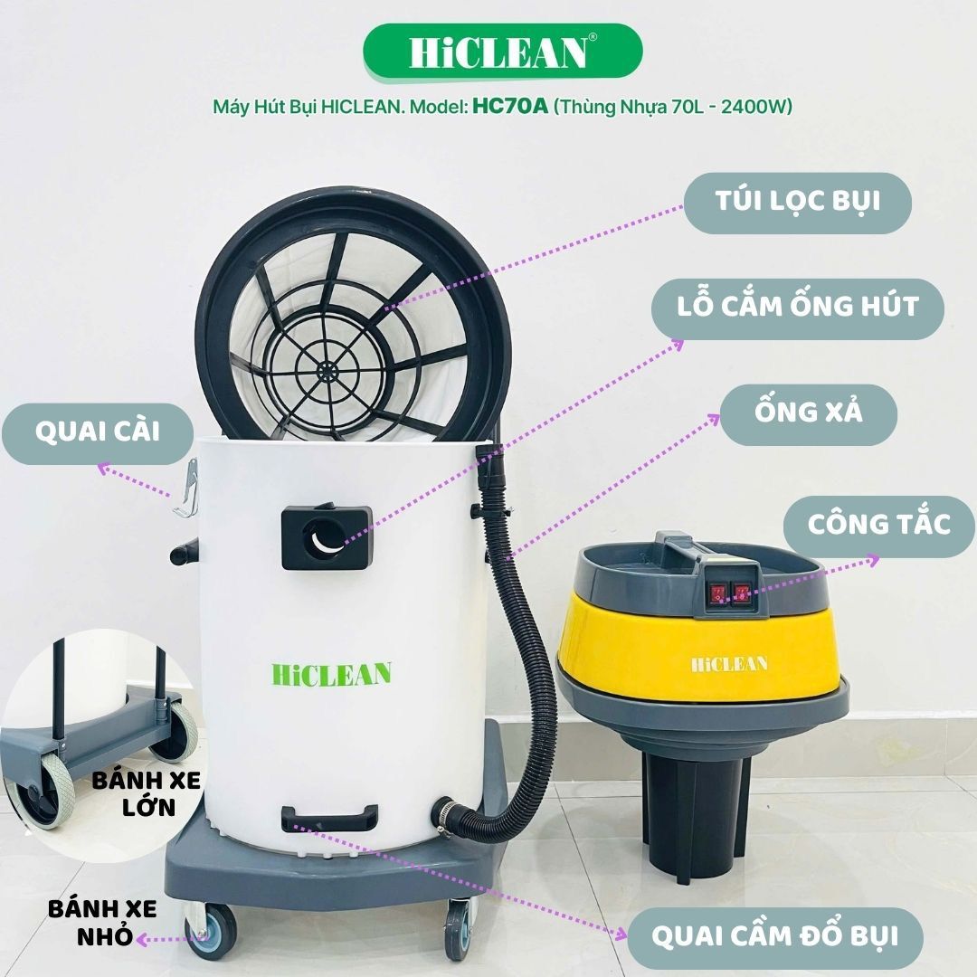Máy hút bụi công nghiệp HiClean HC70A, công suất 2400W