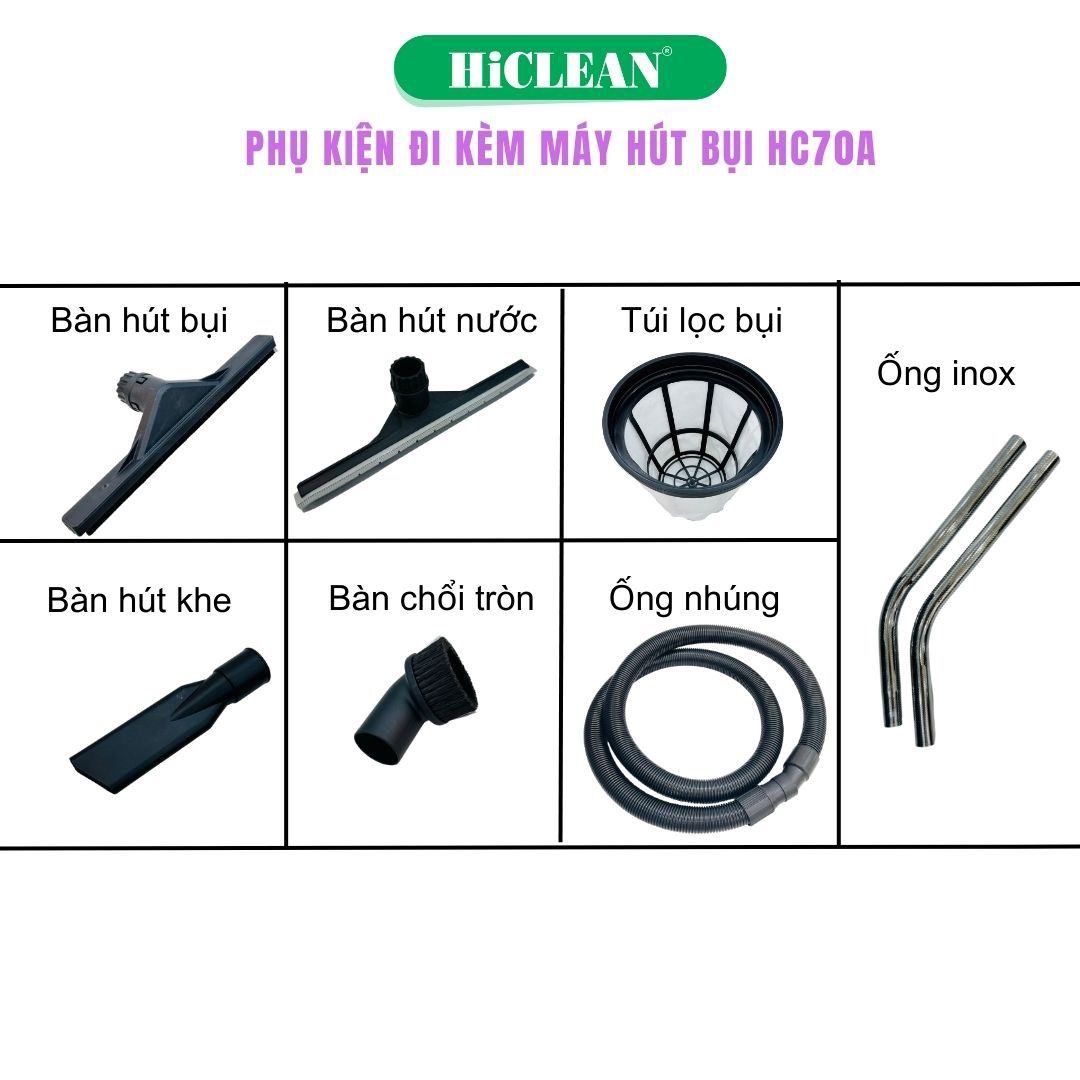 Máy hút bụi công nghiệp HiClean HC70A, công suất 2400W