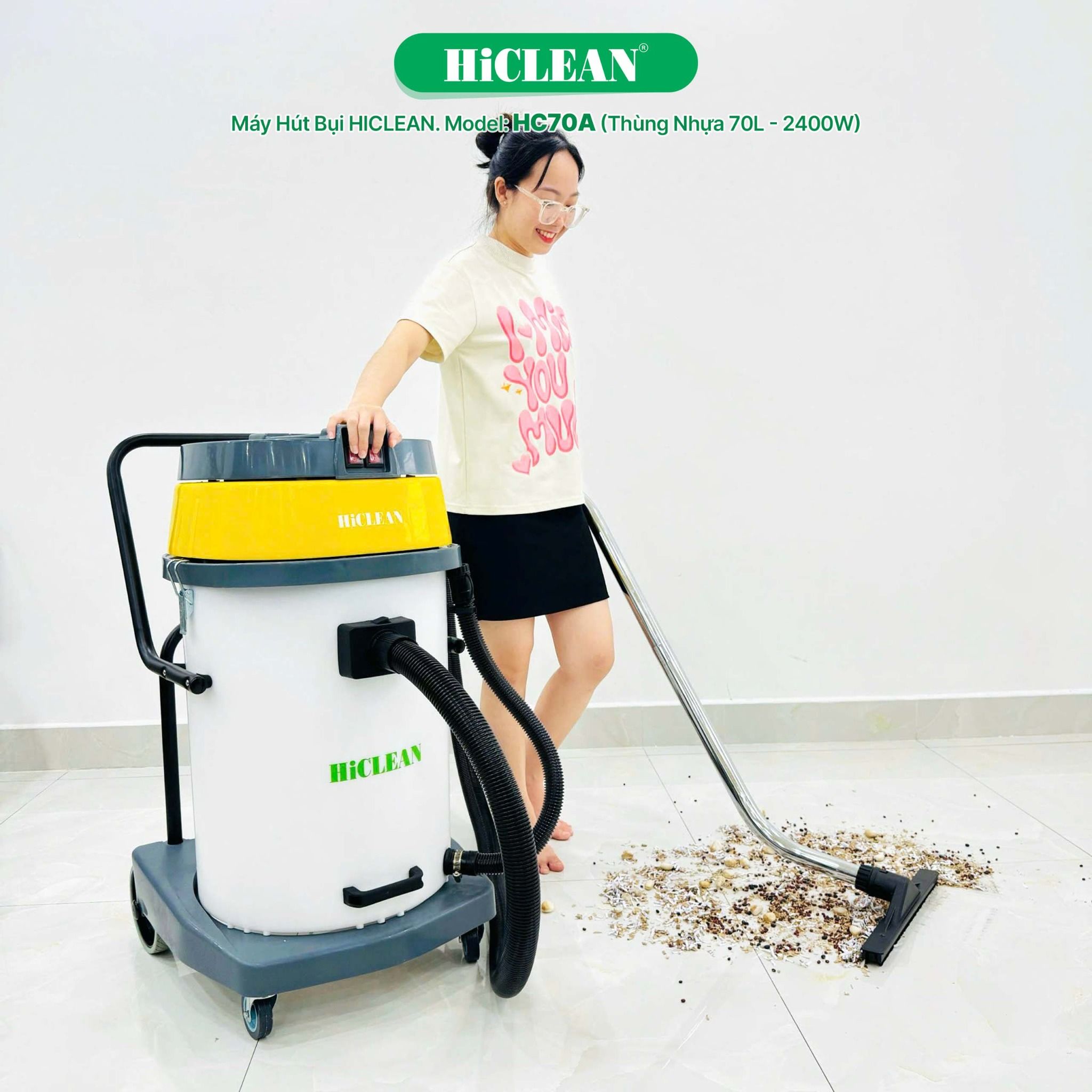 Máy hút bụi công nghiệp HiClean HC70A, công suất 2400W
