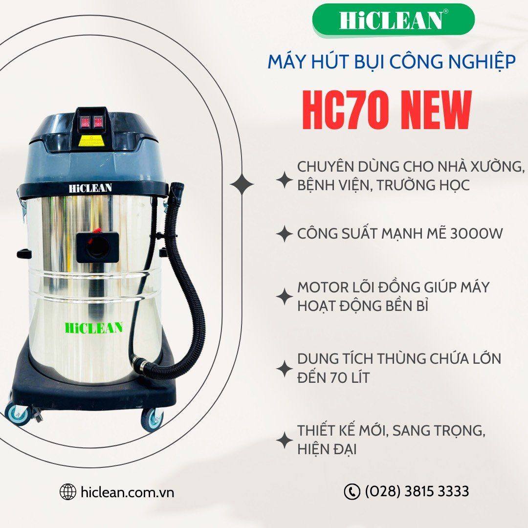 Máy hút bụi công nghiệp HiClean HC70NEW, công suất 3000W