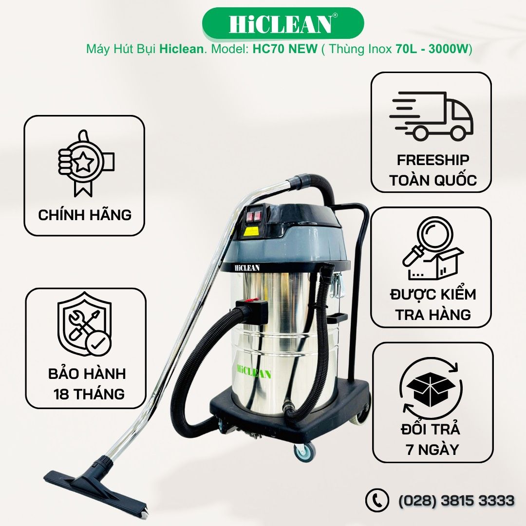 Máy hút bụi công nghiệp HiClean HC70NEW, công suất 3000W