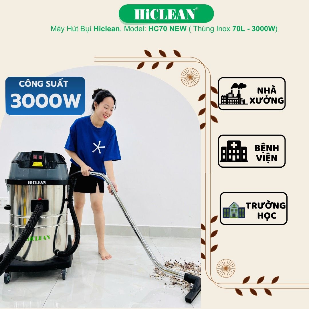 Máy hút bụi công nghiệp HiClean HC70NEW, công suất 3000W