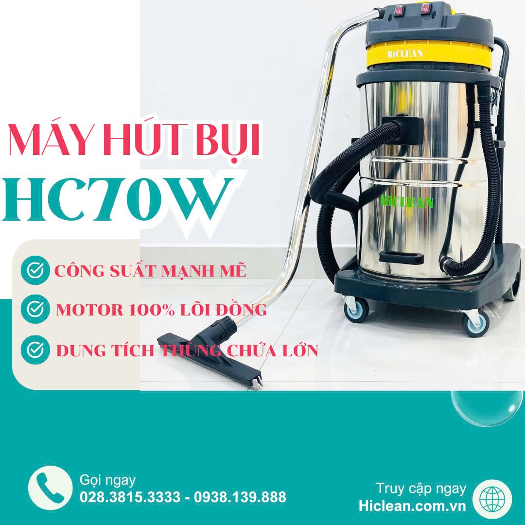 Máy hút bụi công nghiệp HiClean HC70W, công suất 2400W