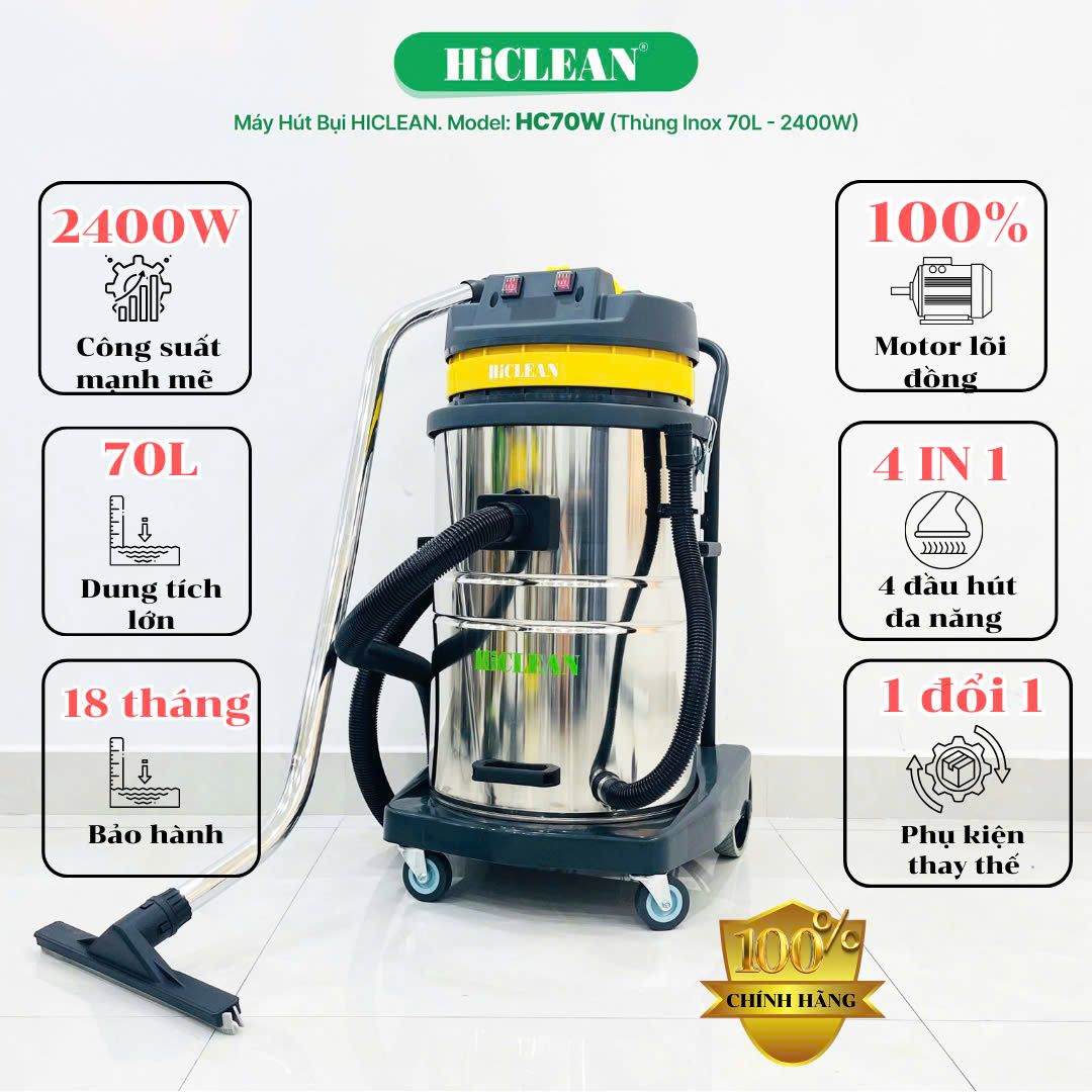 Máy hút bụi công nghiệp HiClean HC70W, công suất 2400W