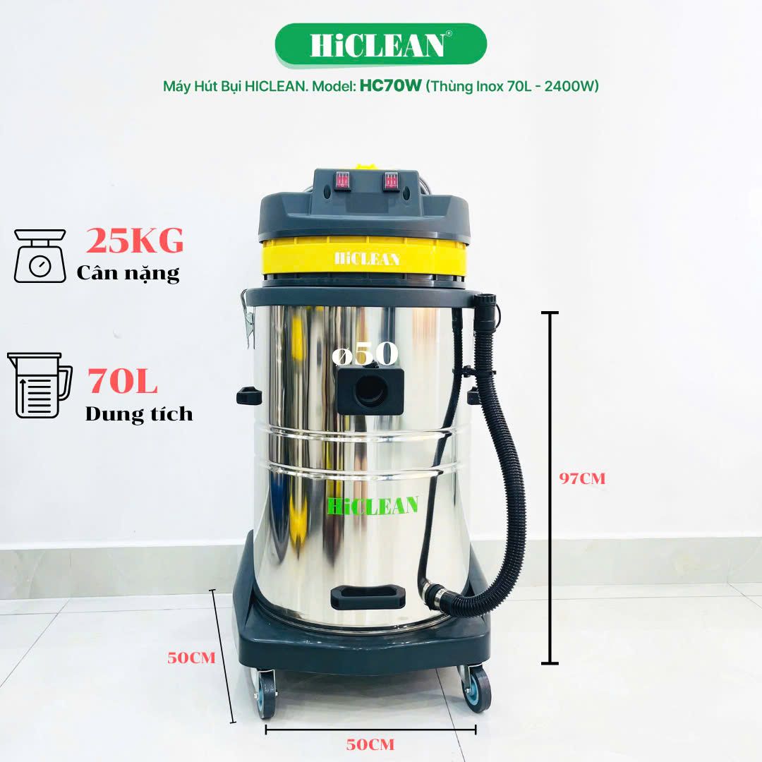 Máy hút bụi công nghiệp HiClean HC70W, công suất 2400W