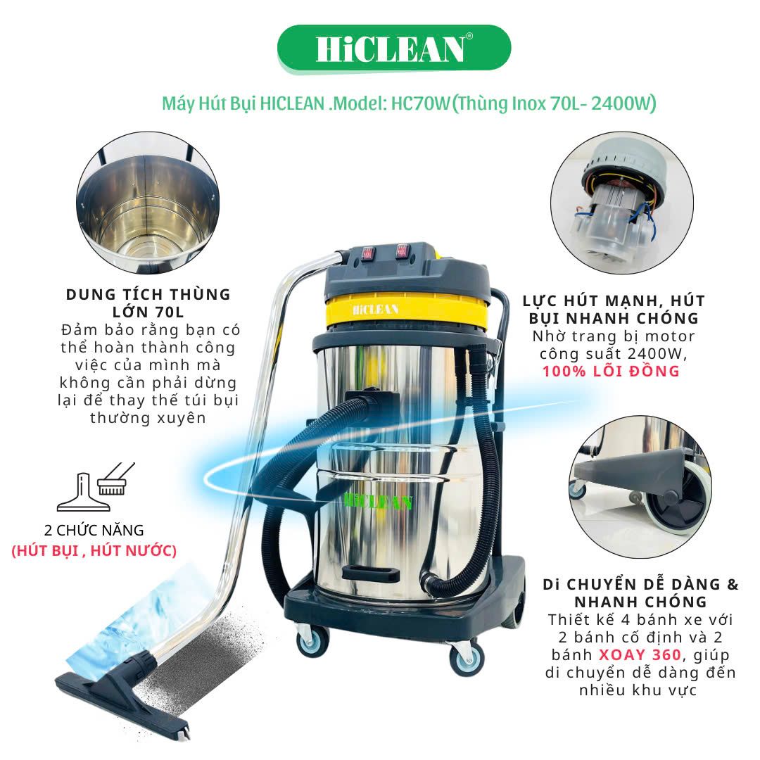 Máy hút bụi công nghiệp HiClean HC70W, công suất 2400W