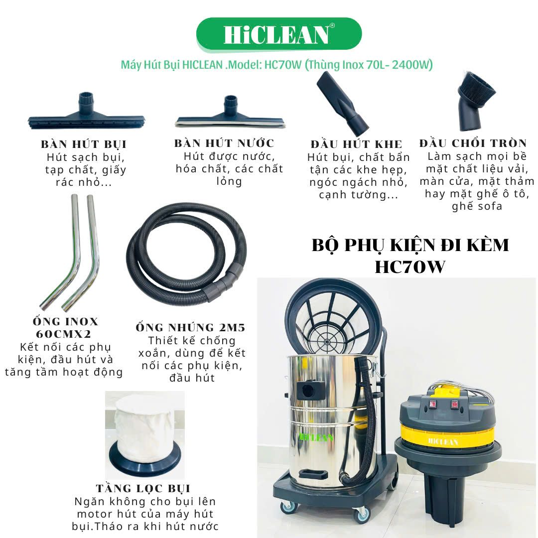 Máy hút bụi công nghiệp HiClean HC70W, công suất 2400W