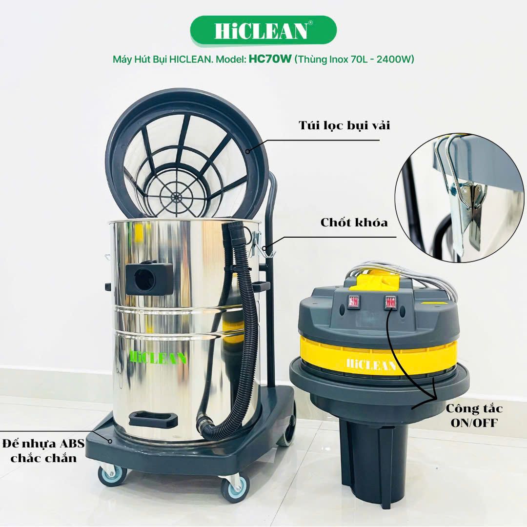 Máy hút bụi công nghiệp HiClean HC70W, công suất 2400W