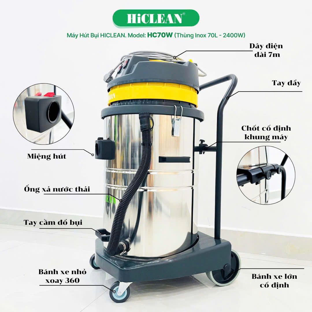 Máy hút bụi công nghiệp HiClean HC70W, công suất 2400W