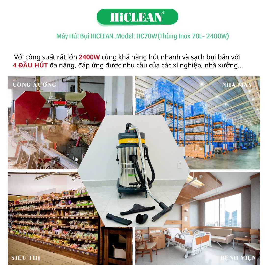 Máy hút bụi công nghiệp HiClean HC70W, công suất 2400W