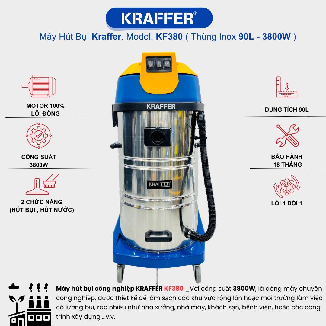 Máy hút bụi công nghiệp Kraffer KF380, công suất 3800W